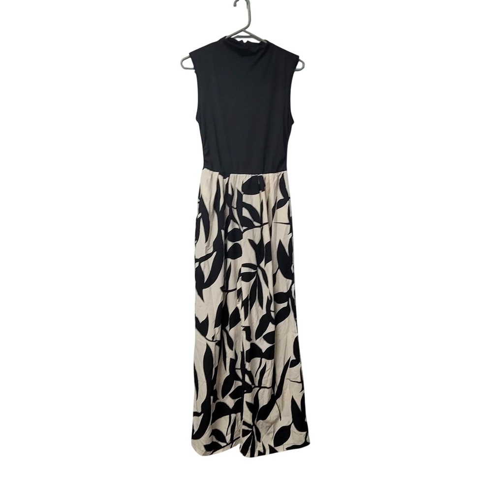 Black and Tan Leaf Print Sleeveless Mock Neck Jumpsuit Wide Leg